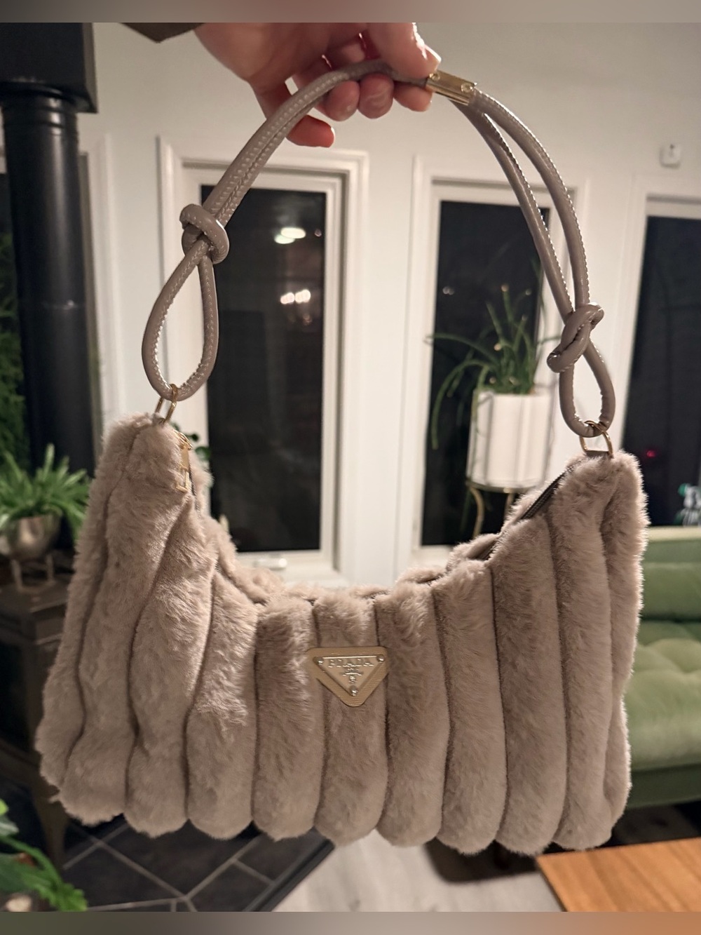 **PRICE FIRM** Prada Faux Fur Taupe “Fluff Bag” with Knotted Pleather Straps NEW